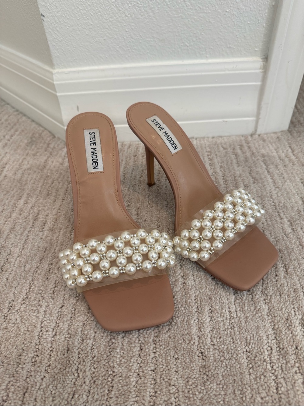 Steve Madden Tan Pearl-Embellished High Heel Slide Sandals